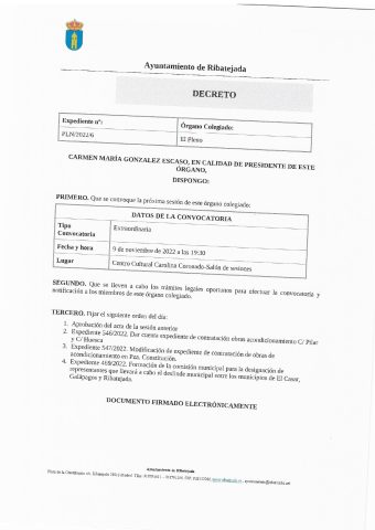 Decreto Convocatoria pleno 9 de Octubre 2022