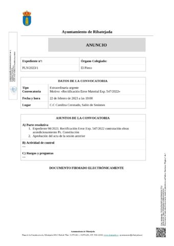 Convocatoria de Pleno Extraordinario. 22 de Febrero 2023